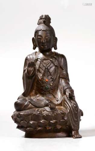 Chinese Cast & Incised Bronze Seated Guanyin
