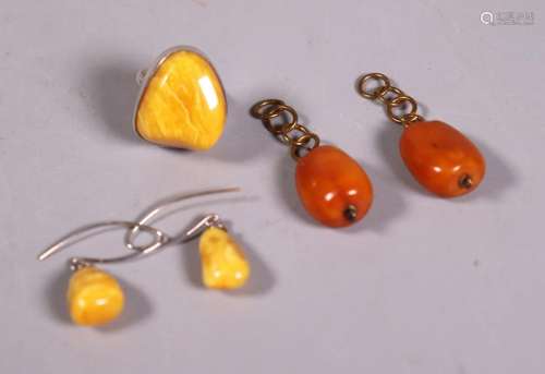 2 Pr Butterscotch Amber Earrings; Cabochon Ring