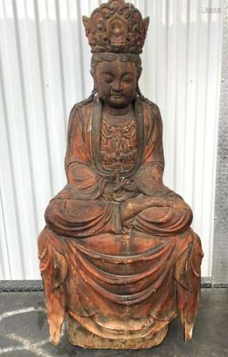 Large Chinese Carved Wood Seated Guanyin