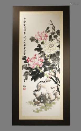 Chinese Ink & Color Painting on Paper Peonies