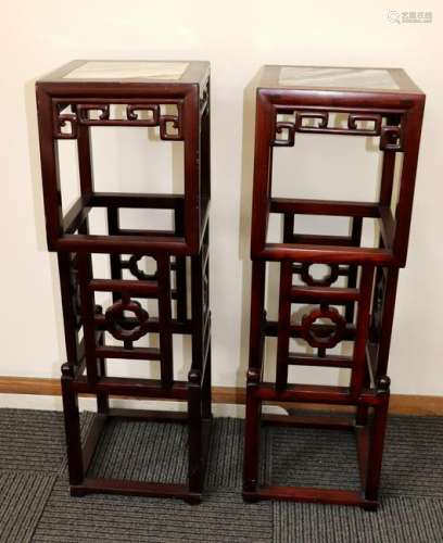 Pair Chinese Hardwood Plant Stands Marble Inlay