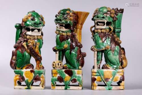 3 Chinese Kangxi circa 1700 Porcelain Fu Dogs