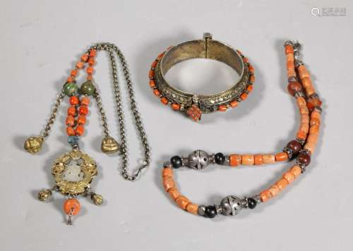 3 Chinese or Tibetan Silver & Coral Jewelry
