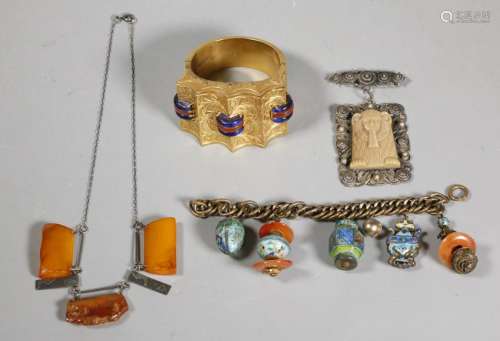 4 Chinese & Egyptian Jewelry Amber Enamel Gilt