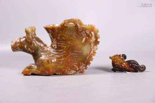 2 Chinese Archaistic Hardstones; Rhyton & Pendant