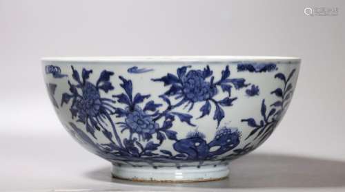 Chinese Blue & White Bird & Flower Porcelain Bowl