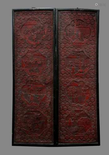 Pair Large Chinese Red Lacquer Composition Panels