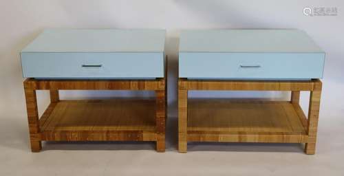 Pair Of Laminated 1 Drawer End Tables With Rattan