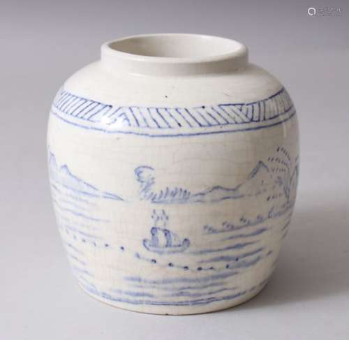 A SMALL 2OTH CENTURY CHINESE CRACKLEGLAZE PORCELAIN GINGER JAR, decorated with landscapes, 11.5cm