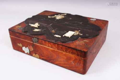 A JAPANESE LATE MEIJI PERIOD CARVED WOOD & SHIBAYAMA IVORY INLAID BOX, the rectangular formed lidded