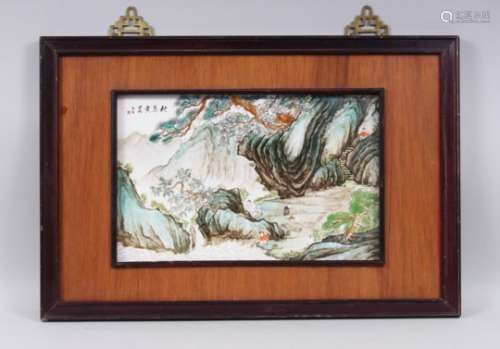 A CHINESE REPUBLICAN STYLE FRAMED PORCELAIN PANEL / TILE OF ROCKY OUTCROPS, the panel framed