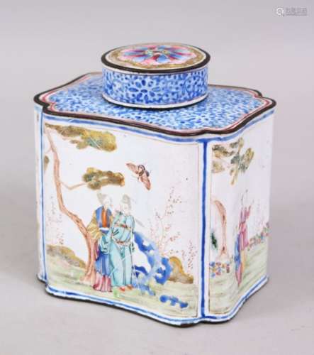 A GOOD 19TH / 20TH CENTURY CHINESE ENAMEL TEA CADDY, decorated with figures in landscape setting,