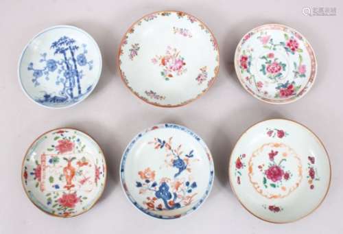MIXED LOT OF SIX CHINESE 18TH CENTURY FAMILLE ROSE PORCELAIN SAUCERS, each decorated with varying
