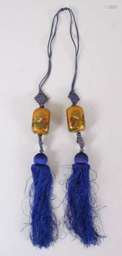A SET OF 19TH / 20TH CENTURY CHINESE REVERSE PAINTED GLASS DROPS, the tassel set with two glass