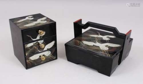 TWO JAPANESE TAISHO/ SHOWA PERIOD LACQUER MINIATURE DRAWERS AND BOX, the set of drawers with three