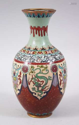 A GOOD JAPANESE MEIJI PERIOD CLOISONNE VASE, the body depicting various panels of dragons and formal