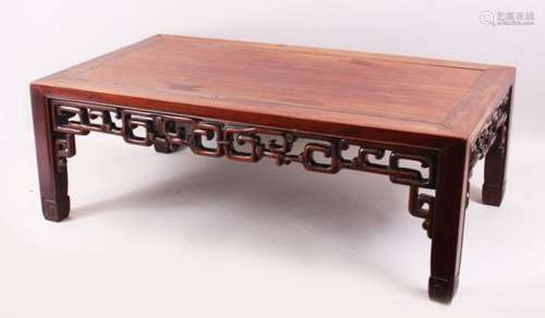 A GOOD 19TH CENTURY CHINESE HARDWOOD OPIUM / COFFEE TABLE, the side apron carved and pierced,