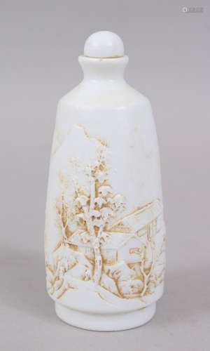 A GOOD CHINESE BLANC DE CHINE PORCELAIN MOULDED SNUFF BOTTLE, the body depicting a moulded landscape