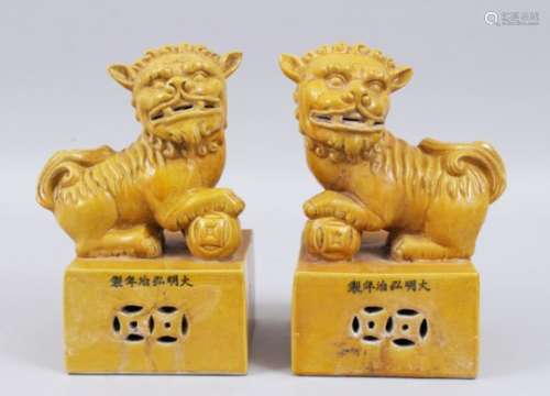 A GOOD PAIR OF CHINESE BISCUIT GROUND PORCELAIN FIGURES OF LION DOGS, the opposing pair in