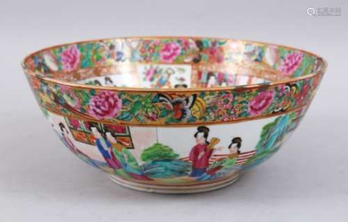 A GOOD 19TH CENTURY CHINESE CANTONESE PORCELAIN BOWL, decorated with panels of figures interior,