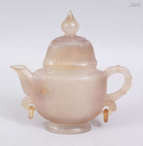 A GOOD CHINESE CARVED WHITE AGATE / HARDSTONE TEA POT / LIDDED POT, the ribbed body with bamboo