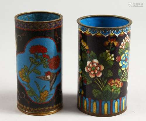 TWO 19TH CENTURY CLOISONNE ENAMEL SPILL VASES. 5ins high.