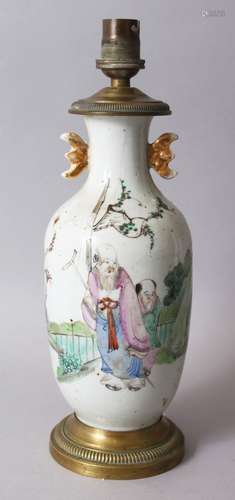 A 19TH CENTURY CHINESE FAMILLE ROSE PORCELAIN VASE / LAMP, the vase decorated with figures in