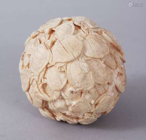 A GOOD JAPANESE MEIJI PERIOD CARVED IVORY TERRAPIN CARVED BALL / OKIMONO , the okimono carved in