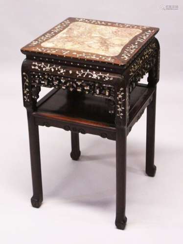 A GOOD 19TH CENTURY CHINESE HARDWOOD & MARBLE TOP PLANTER / STAND, the top inset with marble, the