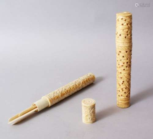 TWO GOOD 19TH CENTURY CHINESE CANTON CARVED IVORY NEEDLE CASE / BODKIN, both carved in relief to