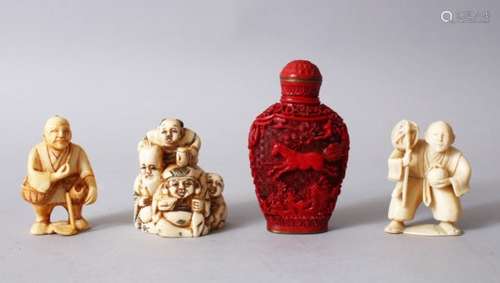 THREE JAPANESE MEIJI PERIOD CARVED IVORY NETSUKES & A CINNABAR LACQUER SNUFF BOTTLE, one depicting 2