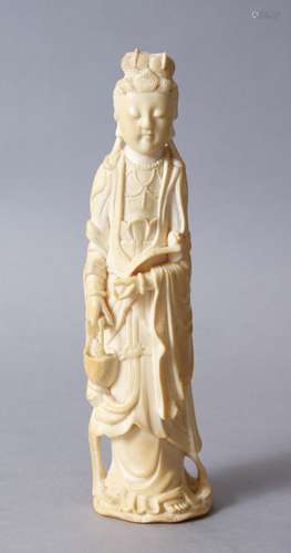 A GOOD 19TH CENTURY CHINESE CARVED IVORY FIGURE OF GUANYIN, stood holding a ruyi sceptre & basket,