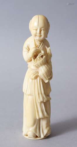 A 19TH CENTURY CHINESE CARVED IVORY FIGURE OF A BOY, stood holding a display of ikebana / floral