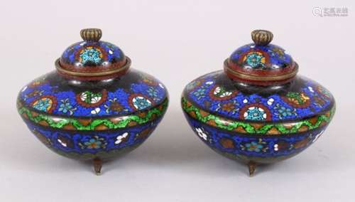 A PAIR OF 20TH CENTURY CHINESE CLOISONNE CENSERS & COVERS, the body decorated ith formal foliage