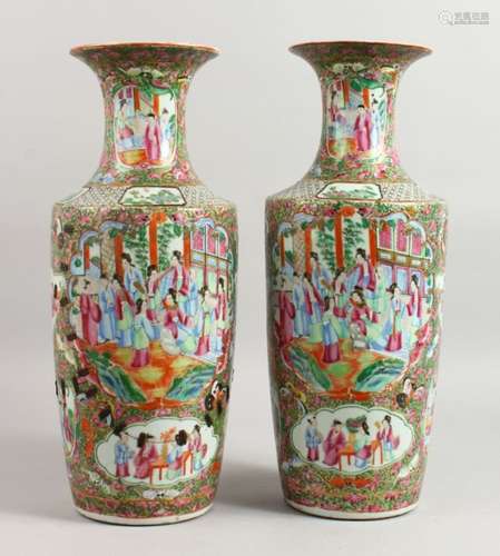 A LARGE PAIR OF CHINESE 19TH CENTURY CANTON PORCELAIN VASES with an allover pattern of figures,