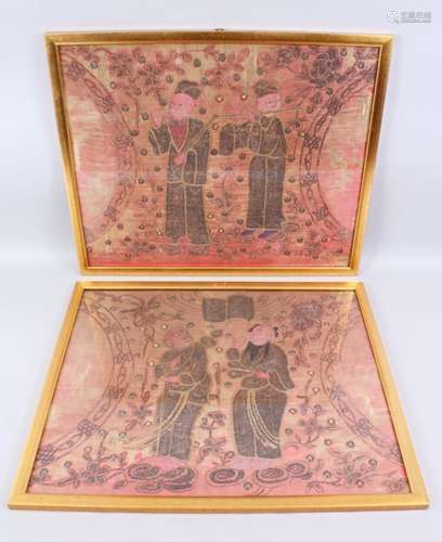 A PAIR OF 19TH / 20TH CENTURY CHINESE EMBROIDERED SILK OR TEXTILE PICTURES, both pictures