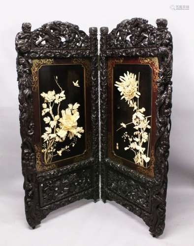 A GOOD LARGE JAPANESE MEIJI PERIOD HARDWOOD & IVORY / SHIBAYAMA FOLDING SCREEN, the frame of the