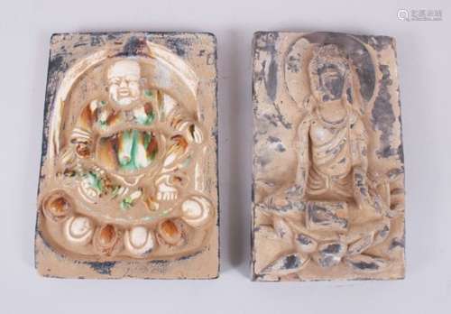 TWO GOOD CHINESE SANCAI POTTERY TILES, one tile depicting a seated Buddha - 25.5cm high x 18.5cm