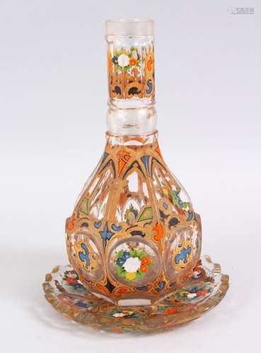 A BOHEMIAN / BEYKOZ CUT GLASS GILT & ENAMEL HOOKAH BASE & UNDER DISH, The decoration depicting