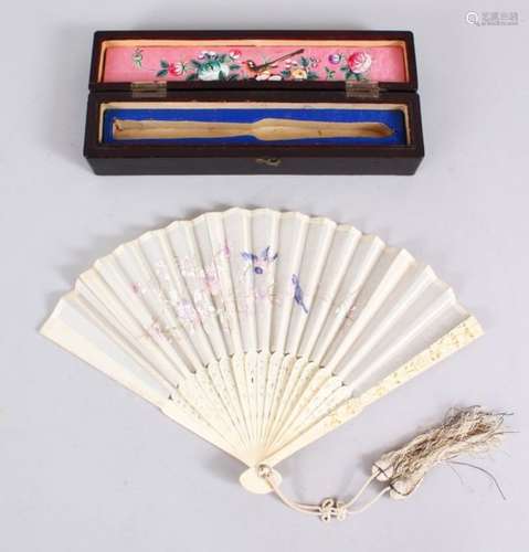 A 19TH CENTURY CHINESE CANTON CARVED IVORY & EMBROIDERED SILK FAN, the fan with carved stems