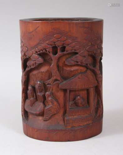 A 19TH / 20TH CENTURY CHINESE BAMBOO CARVED BRUSH POT, with carved relief depicting scenes of