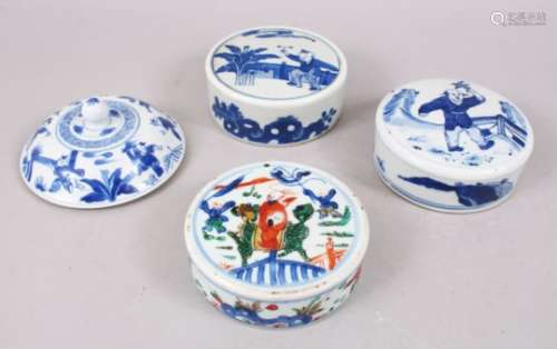 A MIXED LOT OF FOUR CHINESE 19TH / 20TH CENTURY BLUE & WHITE / WUCAI PORCELAIN POT LIDS, 3 are
