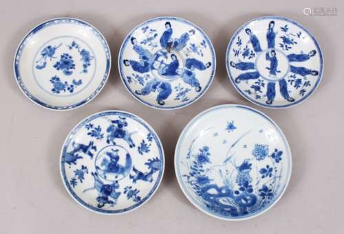 5 CHINESE KANGXI BLUE & WHITE PORCELAIN SAUCERS, each decorated with varying scenes of figures in