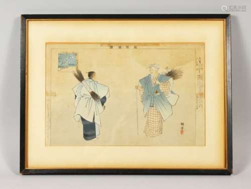 A GOOD FRAMED JAPANESE UKIYO-E / PRINT, depicting two figures stood facing each other wearing