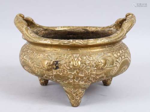 A HEAVY 20TH CENTURY CHINESE BRONZE TRIPOD CENSER, the body with chilongs, the base with a six