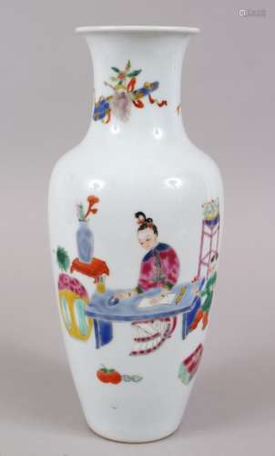A GOOD CHINESE FAMILLE ROSE PORCELAIN VASE, the body decorated with scenes of figures at low