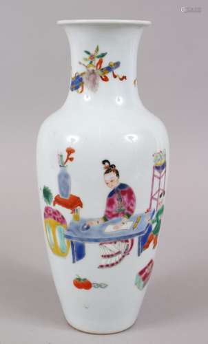 A GOOD CHINESE FAMILLE ROSE PORCELAIN VASE, the body decorated with scenes of figures at low