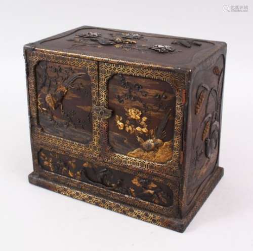 A GOOD JAPANESE MEIJI PERIOD SOLID BRONZE & MIXED METAL ON LAID TABLE CABINET, each panel onliad