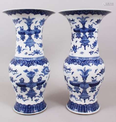 A GOOD PAIR OF CHINESE KANGXI STYLE BLUE & WHITE PORCELAIN VASES, The body decorated with scenes of