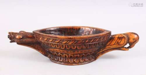 AN UNUSUAL 17TH / 18TH CENTURY INDIAN KHARAL CARVED WOODEN OPIUM BOWL, the bowl unusually carved